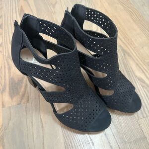 XOXO Black Caged Peep-Toe Heels with Cutouts and Zippers